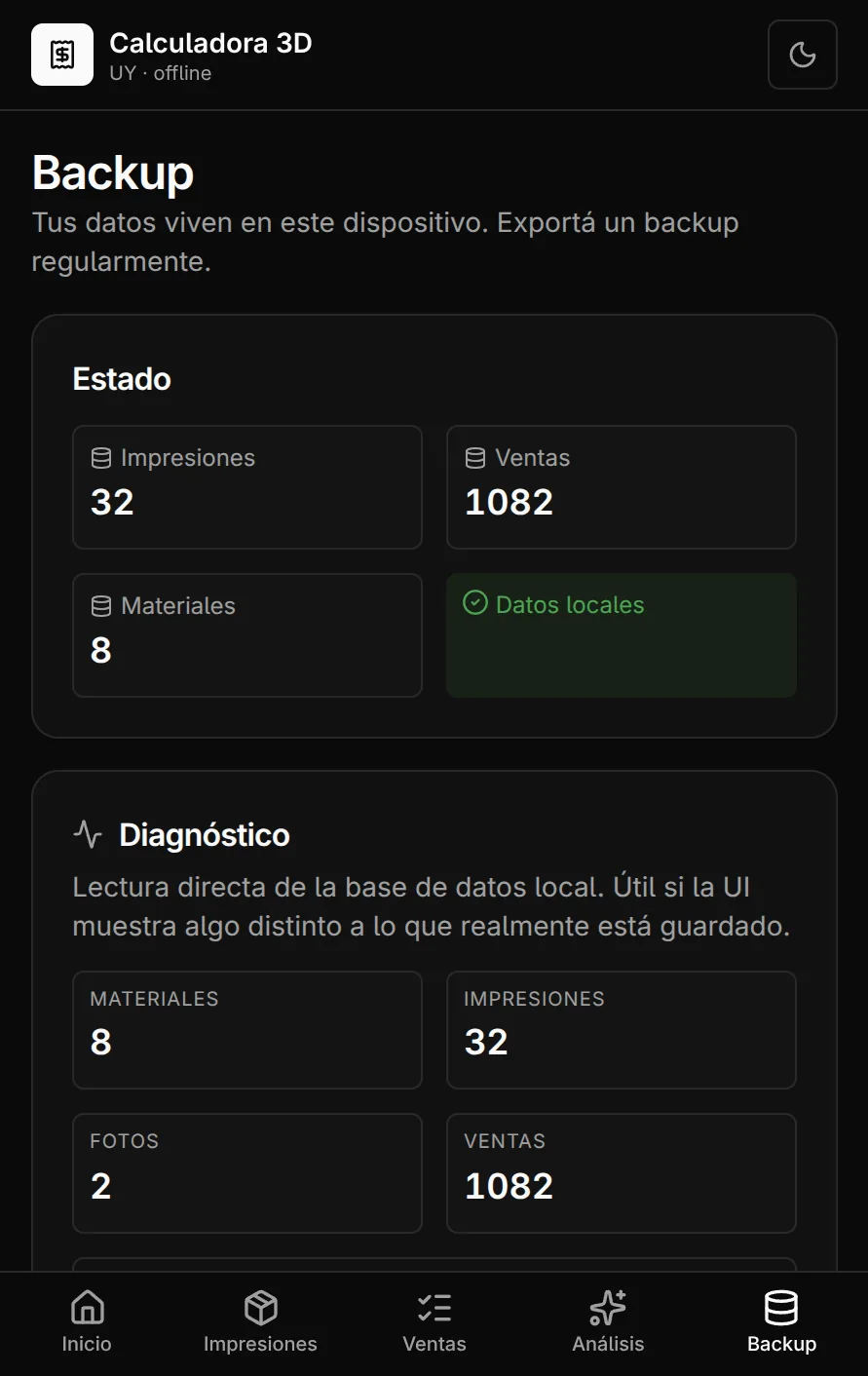 Captura: la página de Backup con el estado (Impresiones / Ventas / Materiales / Datos locales) y el bloque de Diagnóstico con conteos en vivo.