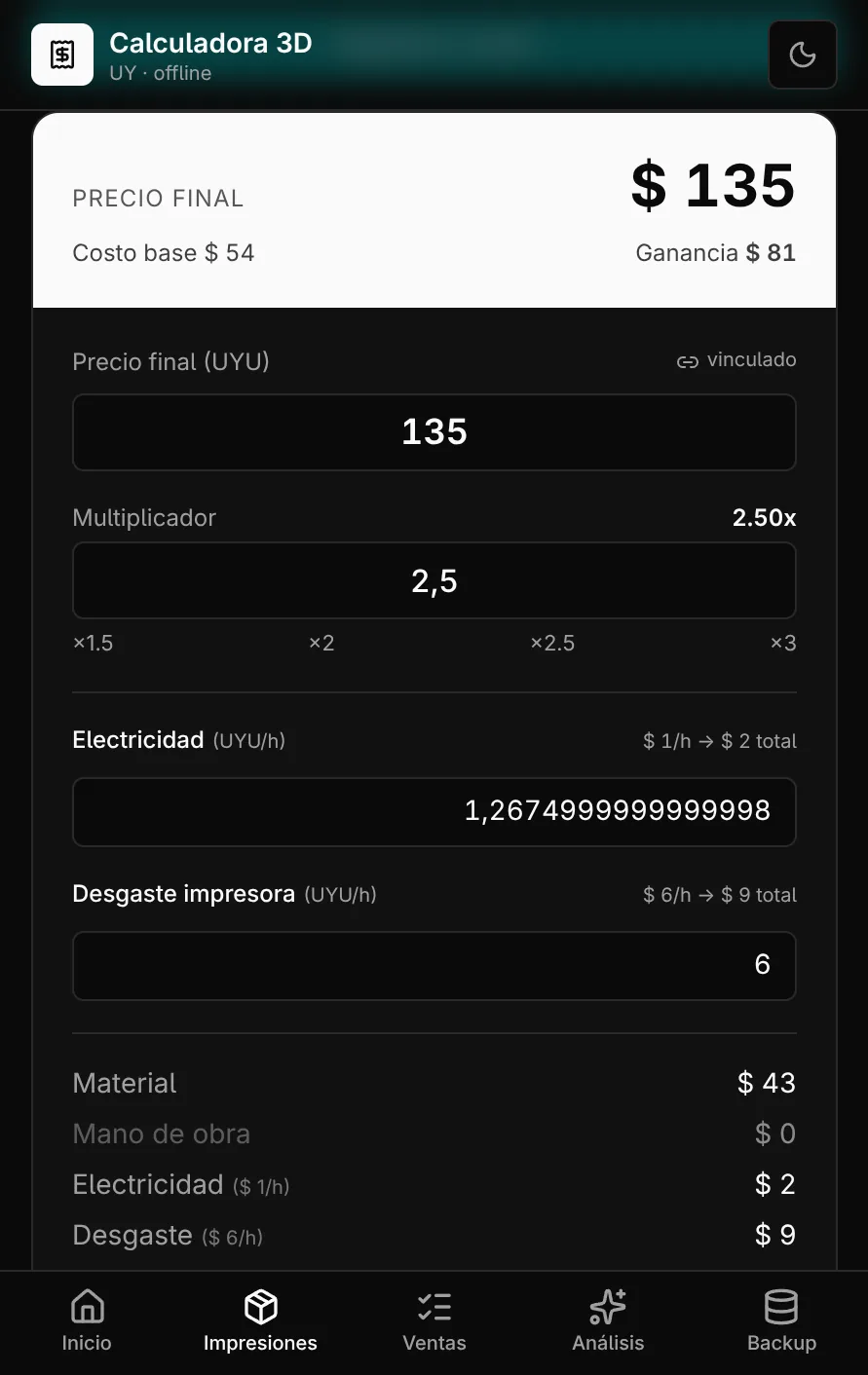 Captura: la calculadora con el panel de totales en mobile — precio final, multiplicador, electricidad, desgaste y desglose.