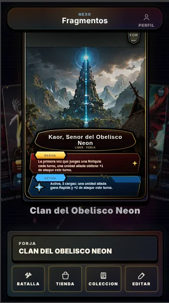 Colección de Fragmentos del Nexo con el Clan del Obelisco Neon y una carta de líder.