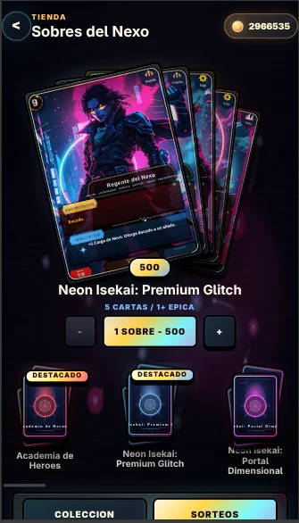 Tienda de sobres con créditos, packs destacados y sorteos de Fragmentos del Nexo.