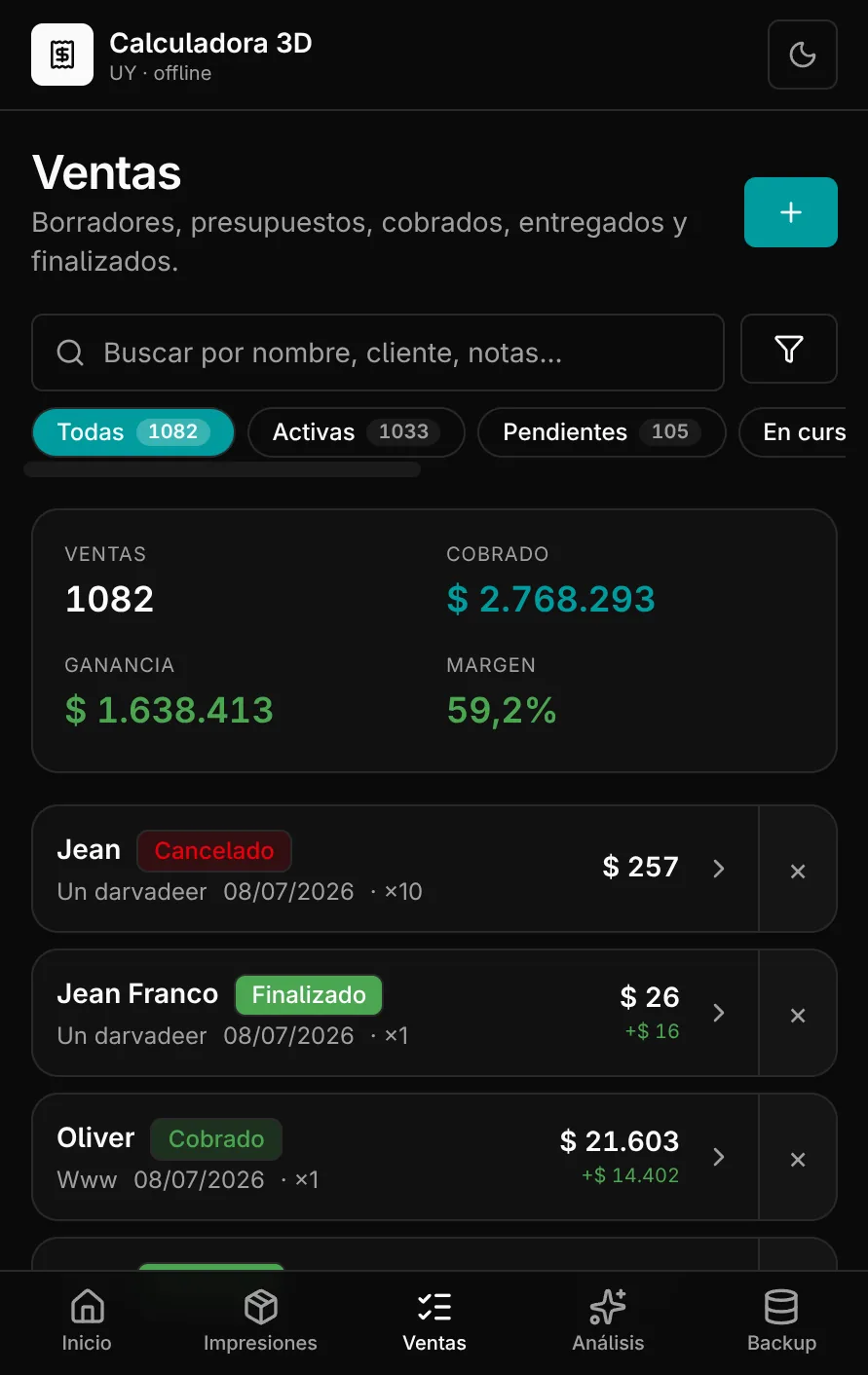 Captura: la lista de ventas con los chips de fase (Todas / Activas / Pendientes), totales del período y filas con badges de estado.
